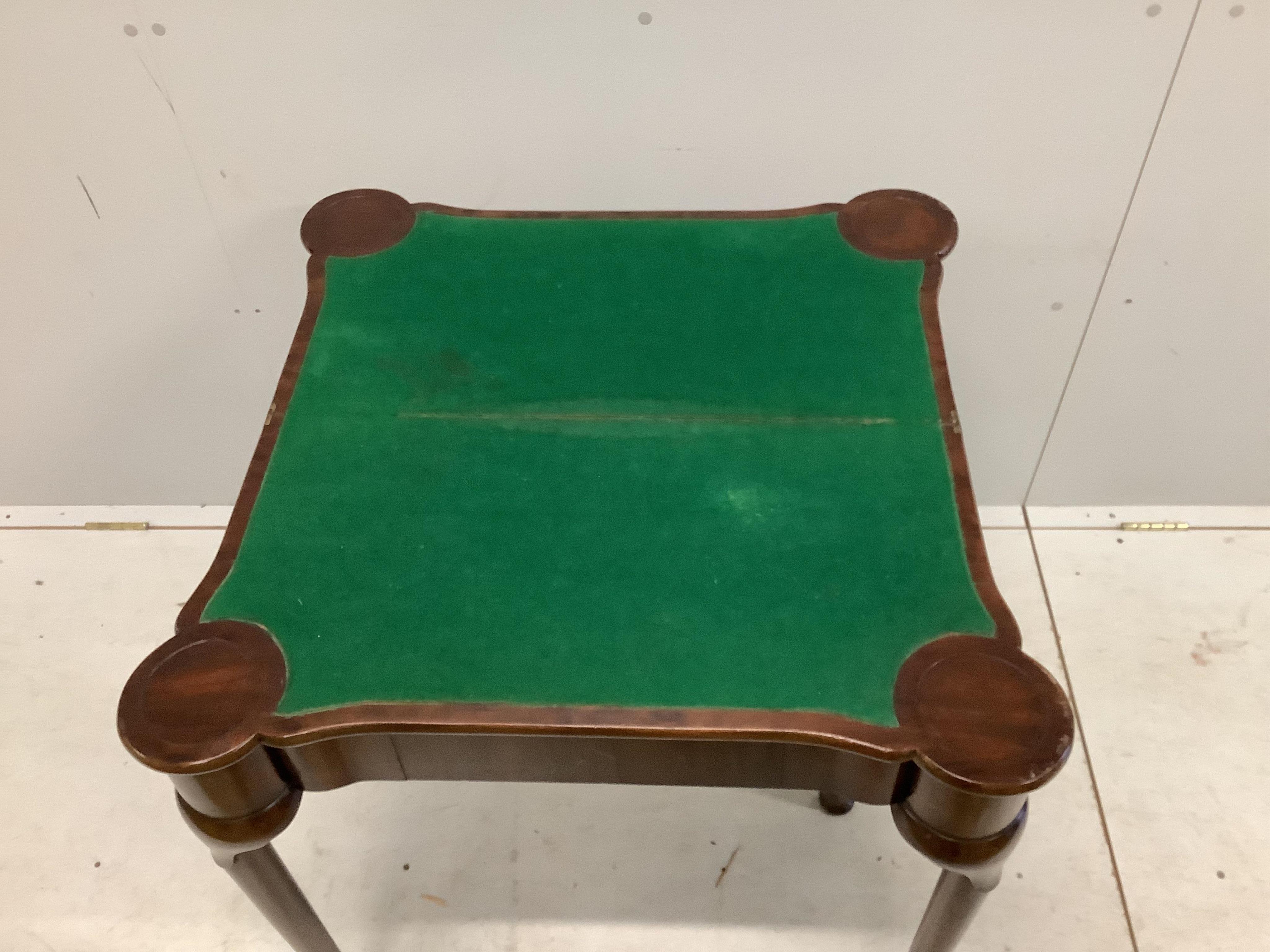 A George II style mahogany folding card table, width 75cm, depth 38cm, height 76cm. Condition - fair to good